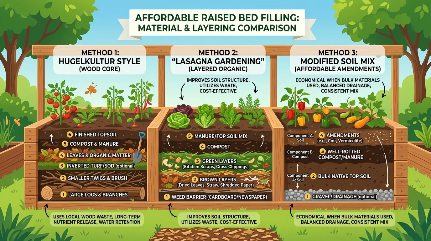 Comparison of raised beds filled with different affordable materials and layering techniques.