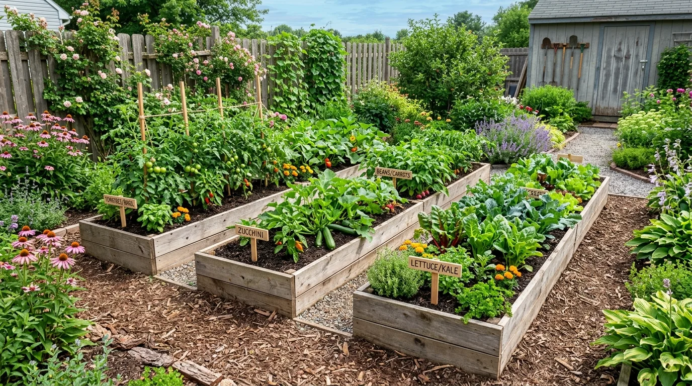 Completed budget-filled raised garden bed system with healthy soil layers and growing vegetables.