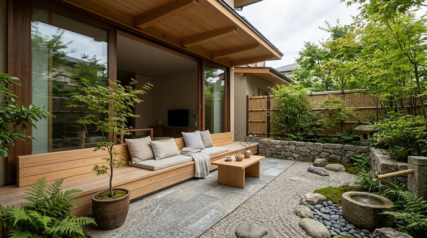 Serene Japandi patio with low wooden seating and minimalist stone arrangements.