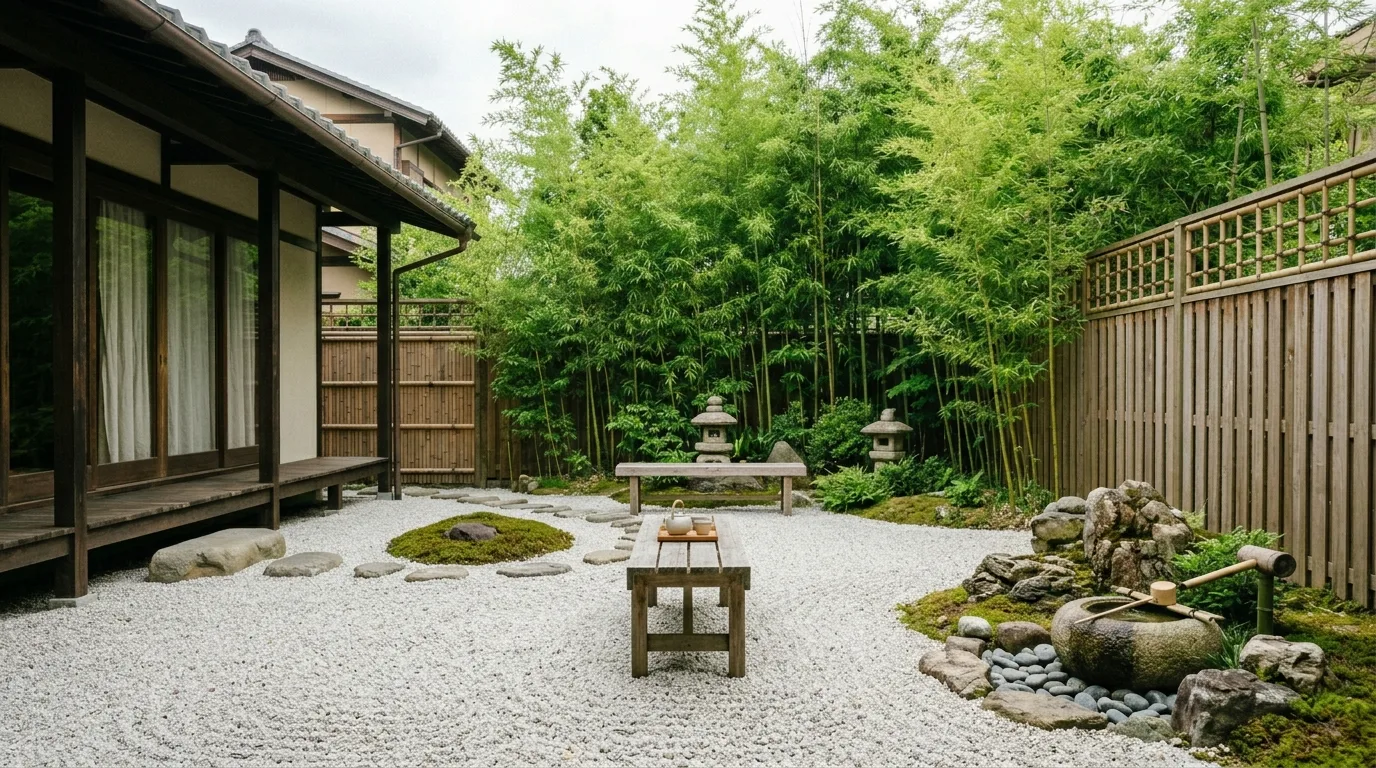 Zen-inspired Japandi patio with bamboo plants, gravel flooring, and wooden benches.
