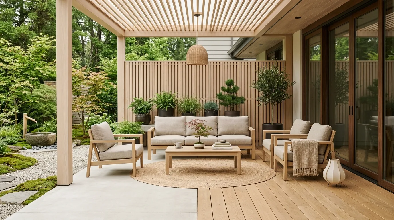Modern Japandi patio with clean lines, light wood furniture, and beige tones.