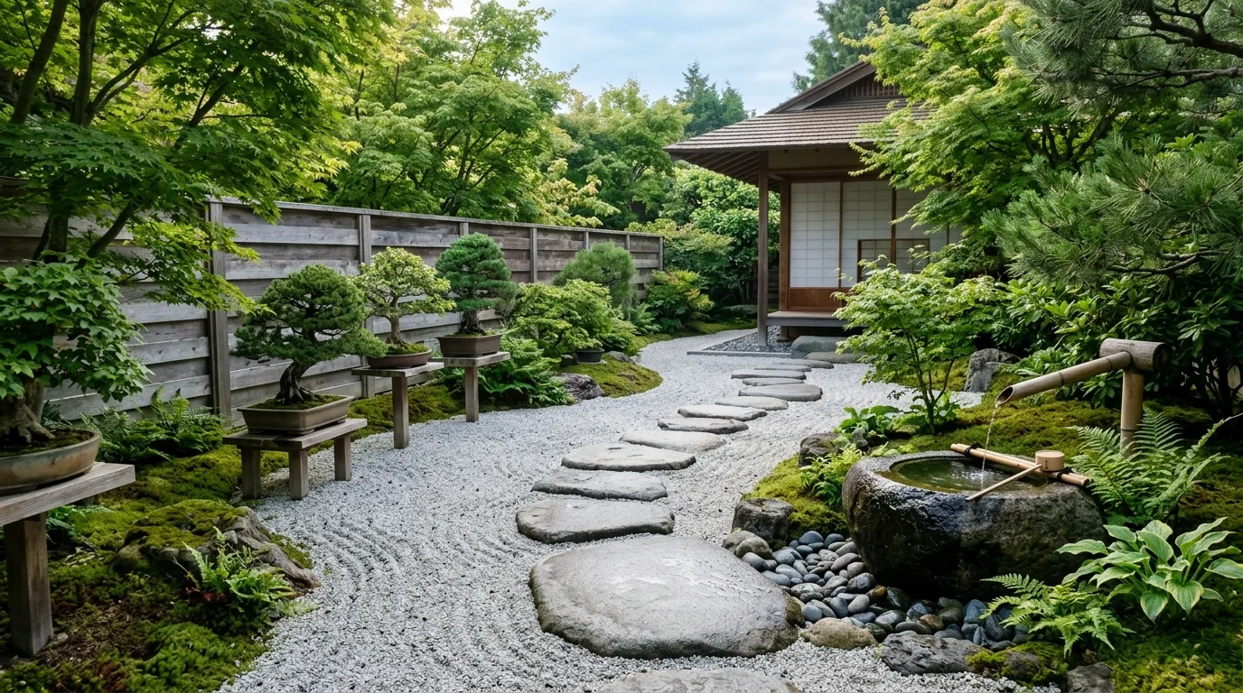 Minimalist Zen patio with stone path, bonsai plants, and subtle water feature.