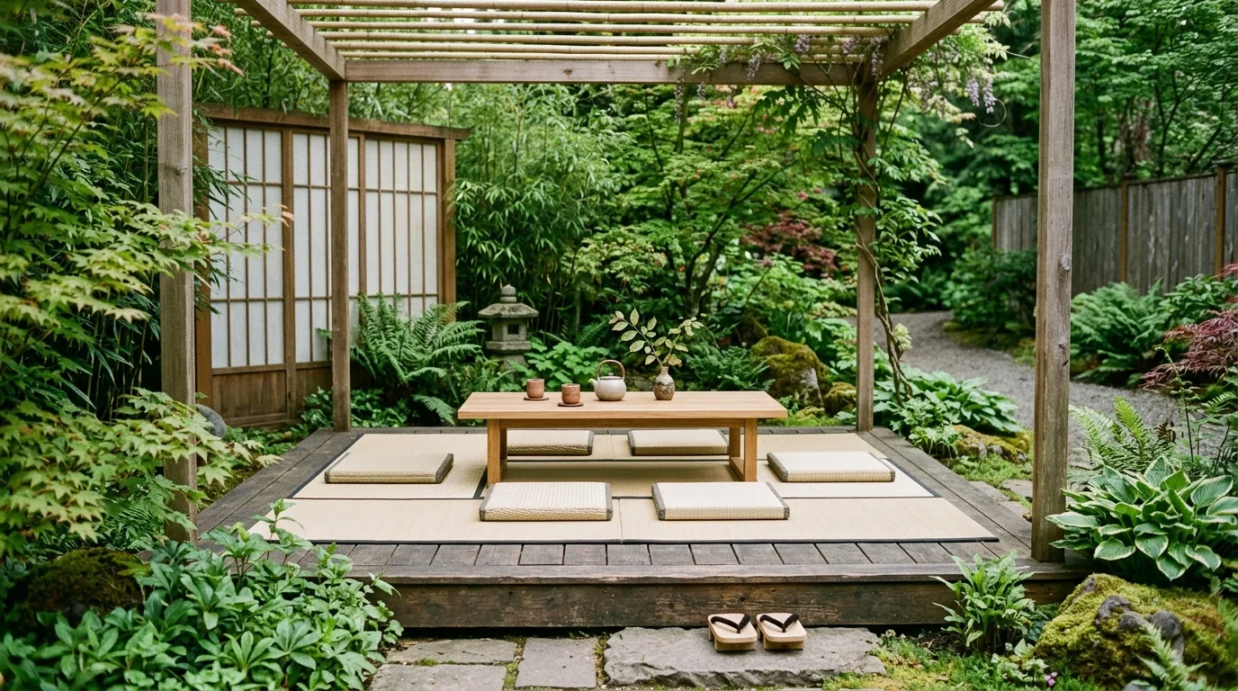 Japandi outdoor seating area with low table and tatami-inspired cushions.