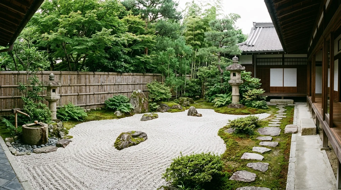 Zen patio with raked gravel garden, stone lanterns, and bamboo fencing.