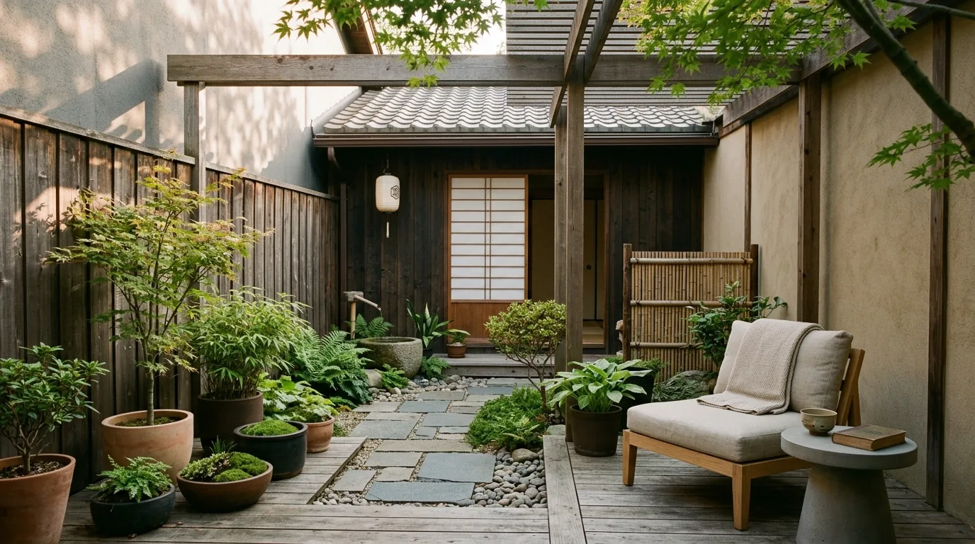 Cozy Japandi courtyard patio with muted tones and simple planters.