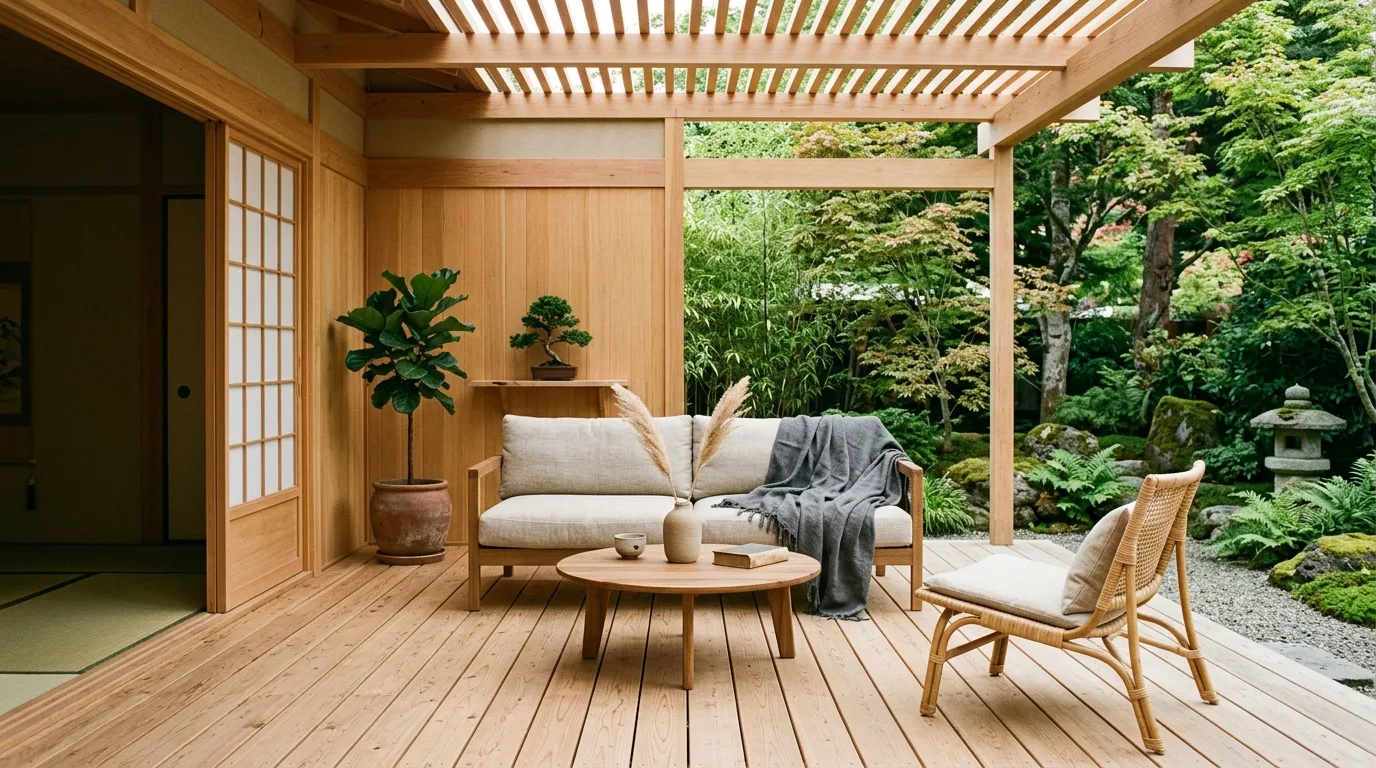 Minimalist wooden deck patio with Japandi aesthetic and soft linen textiles.