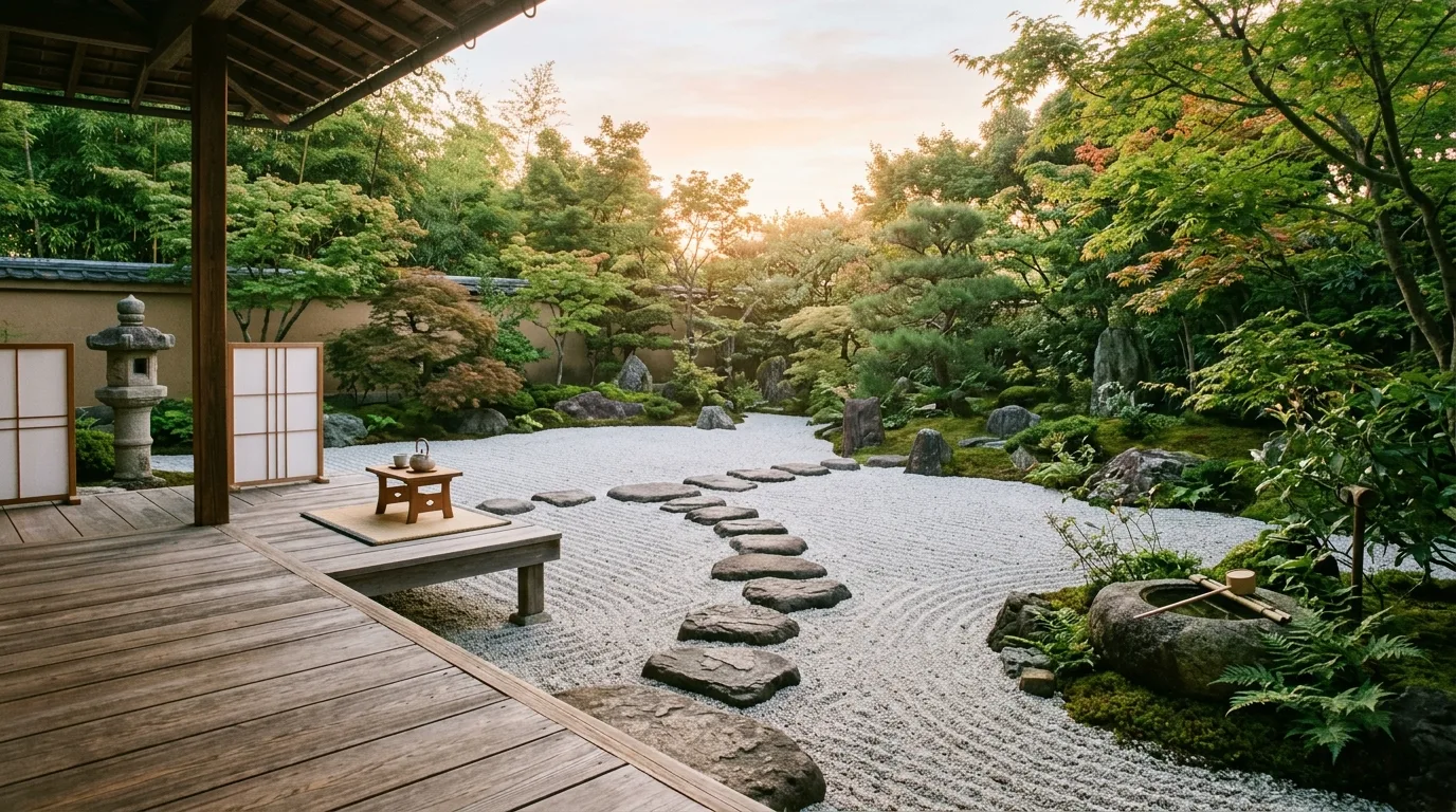 Zen garden patio with stepping stones over sand in a minimalist layout.