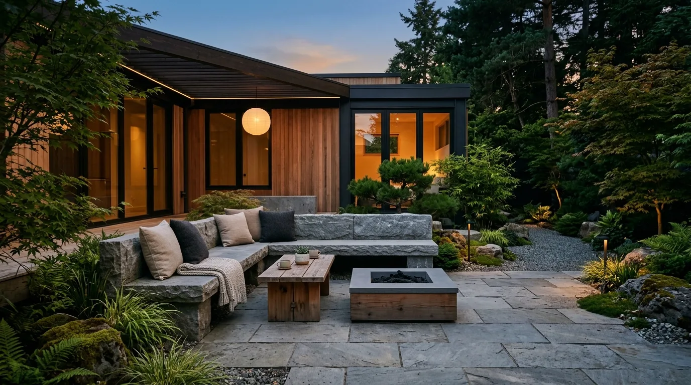 Japandi outdoor space with stone seating, subtle greenery, and calm evening glow.