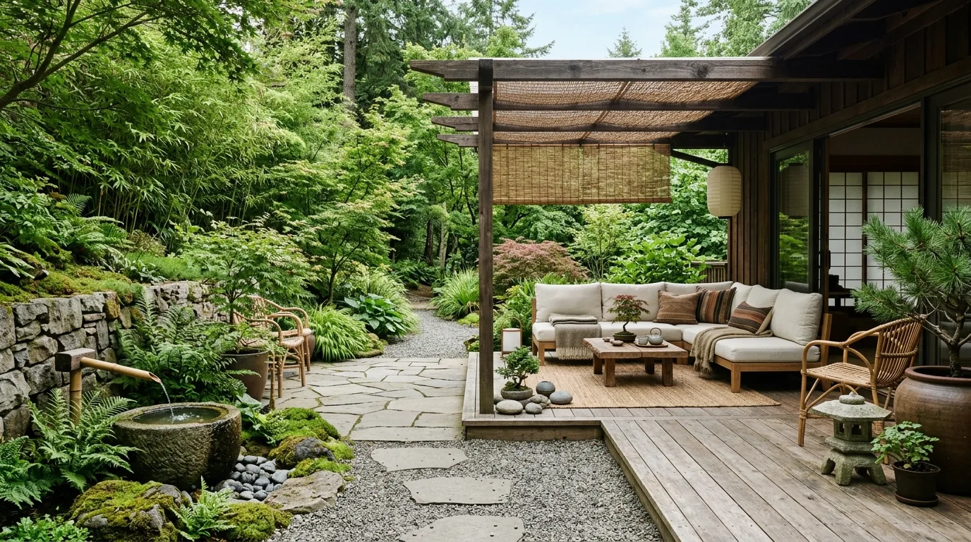Fully styled Japandi patio with layered wood, stone, and greenery.