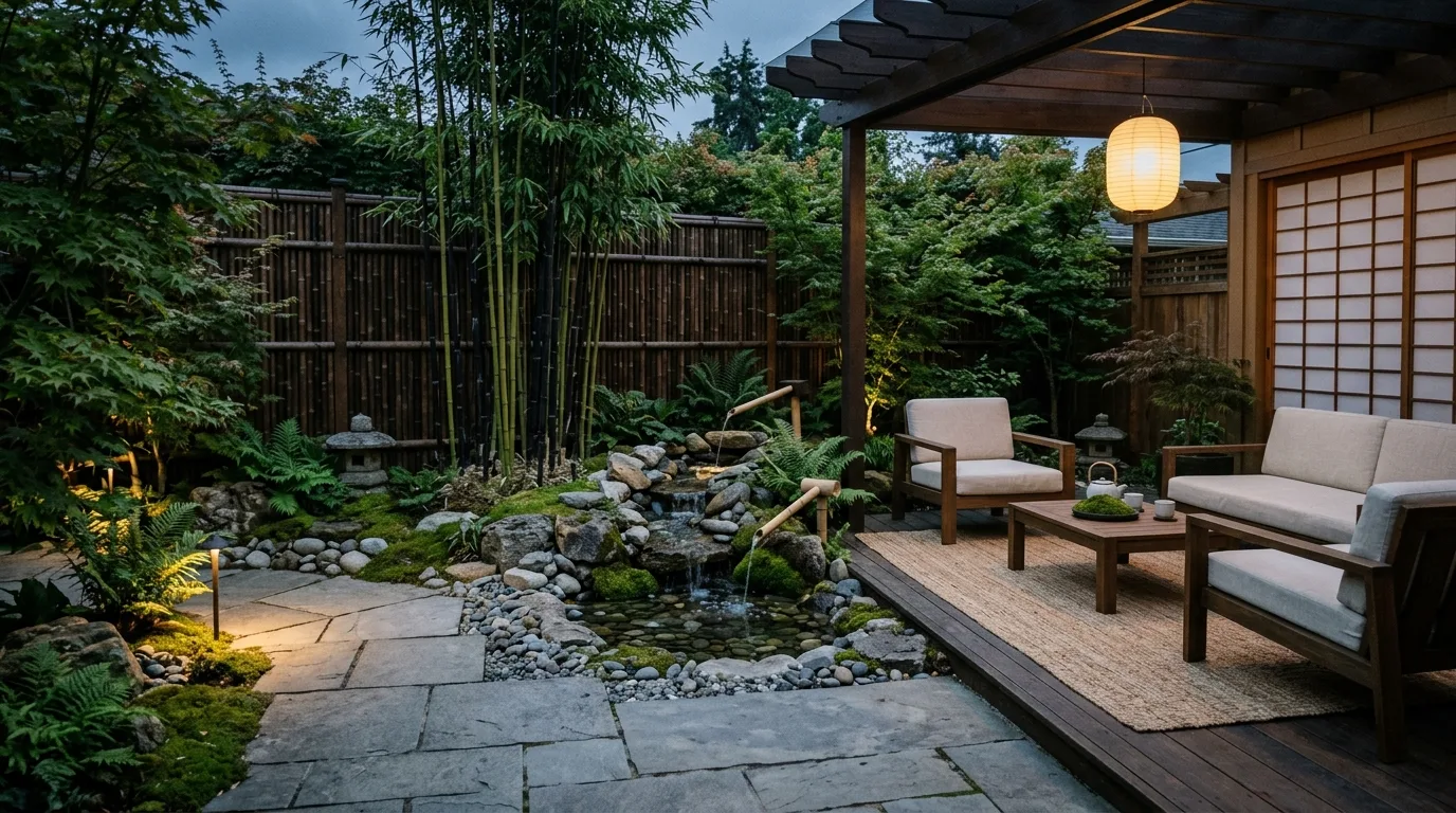 Serene Japandi garden patio with water feature, bamboo accents, and minimalist furniture.