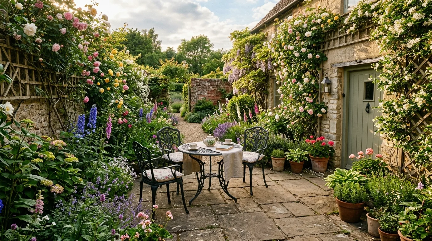 Cottage garden patio with stone flooring, climbing roses, and vintage iron furniture.