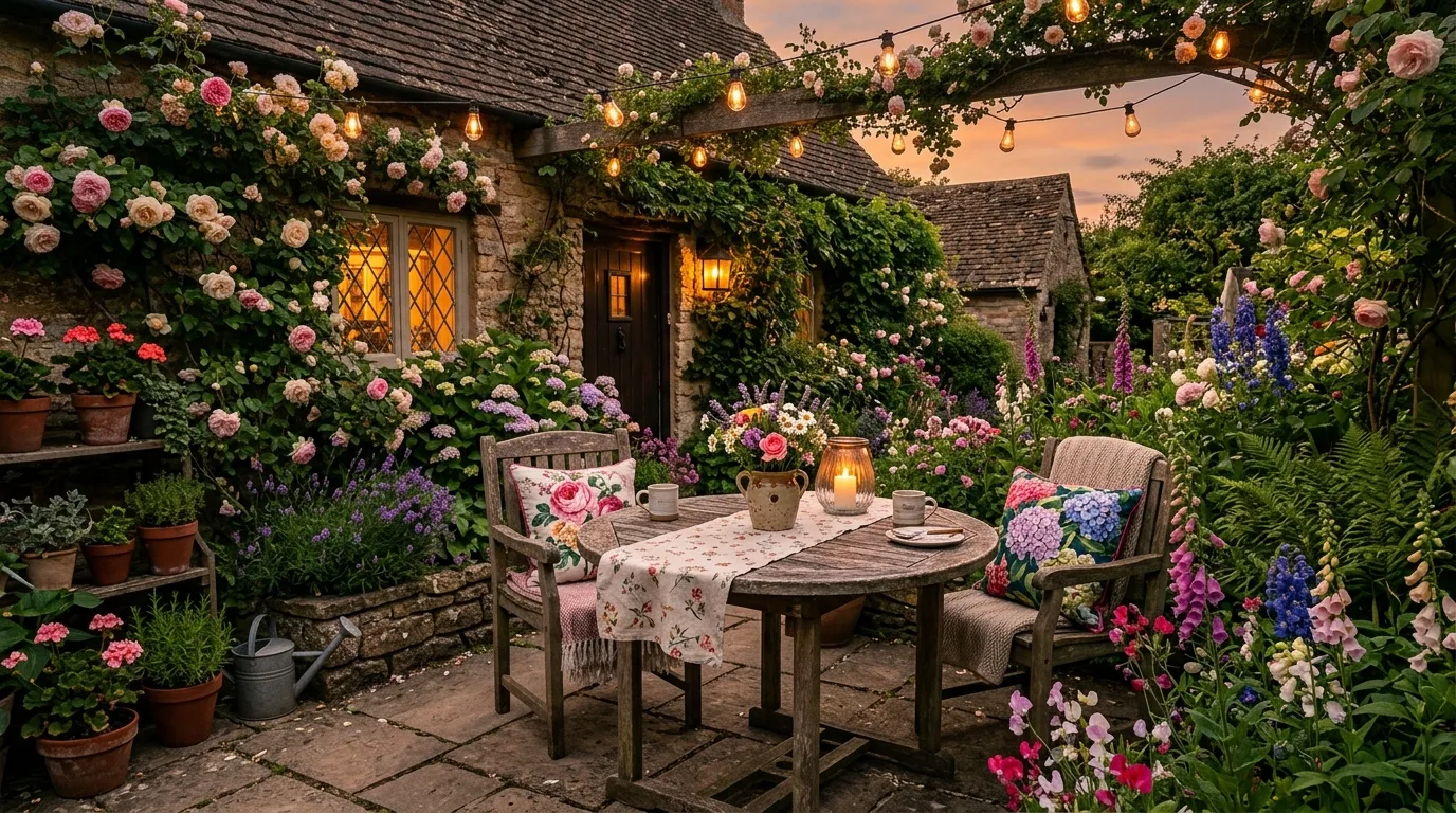 Romantic cottage patio with floral cushions and overflowing flower beds.