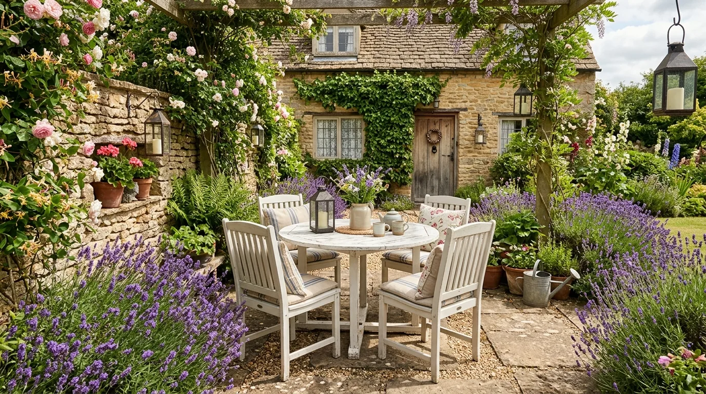 Cottage-style patio with white furniture, lavender borders, and rustic lanterns.