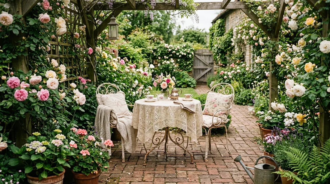 Vintage cottage patio with brick flooring, lace tablecloth, and antique seating.