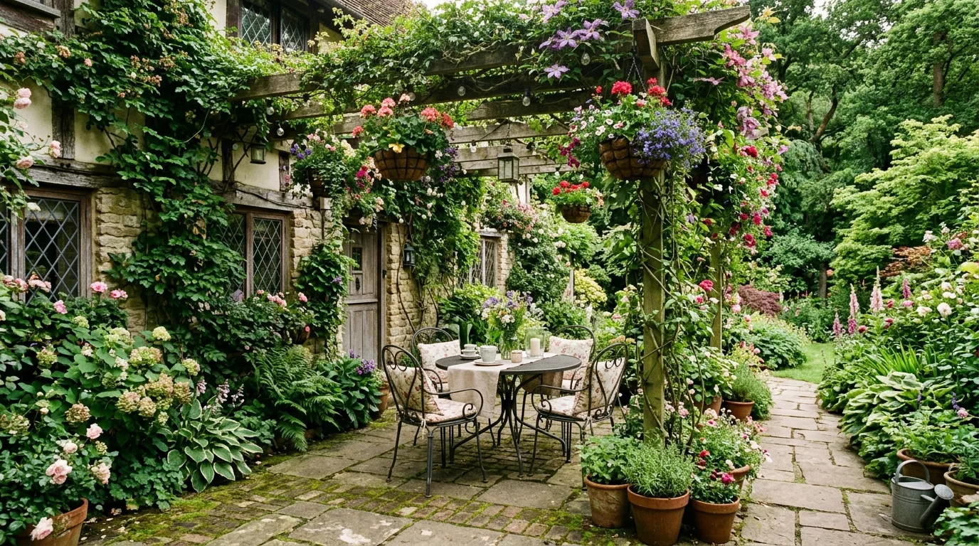 Cottage patio covered with climbing ivy and hanging baskets of flowers.