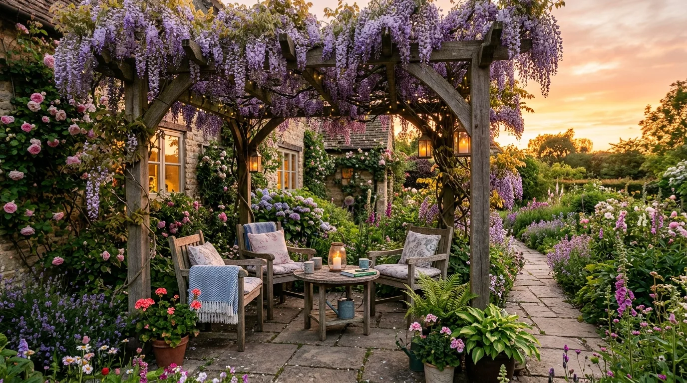 Small cottage patio with pergola wrapped in wisteria.