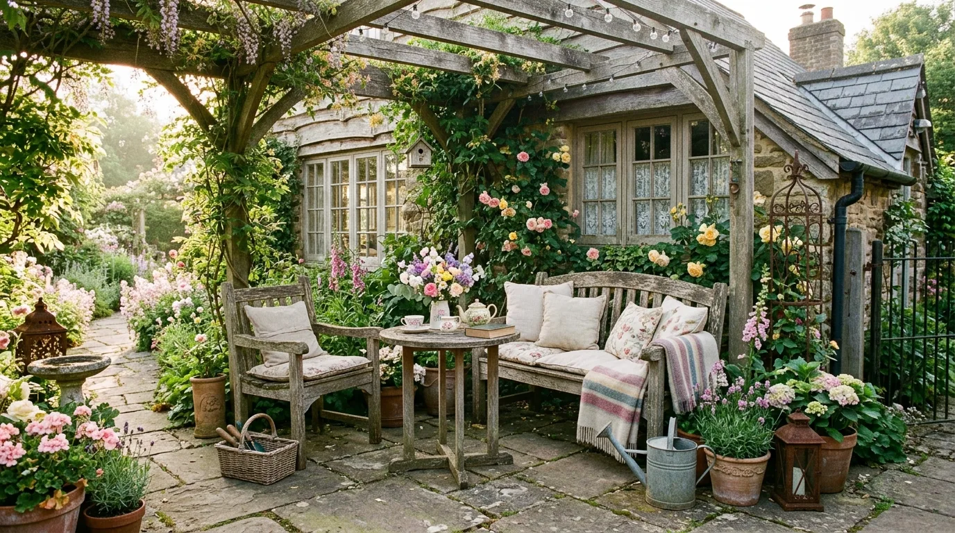 Rustic cottage patio with weathered wood furniture and pastel flowers.