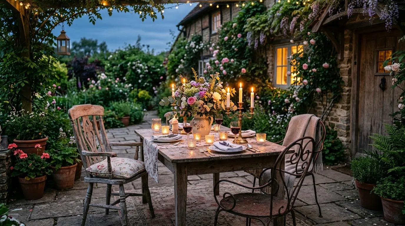 Romantic cottage patio dining setup with candles and vintage chairs.