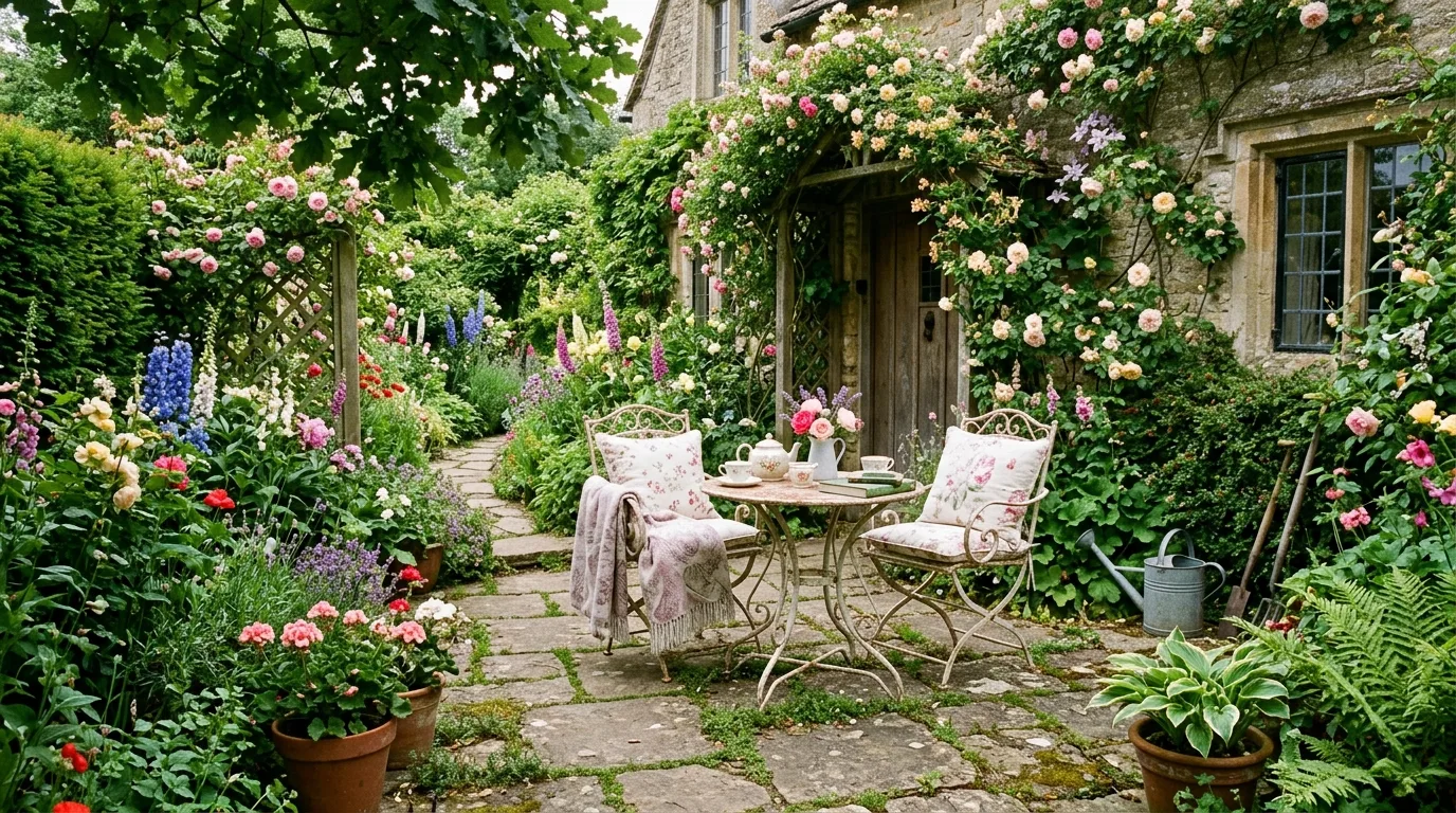 Lush cottage garden patio surrounded by dense flowers and greenery.