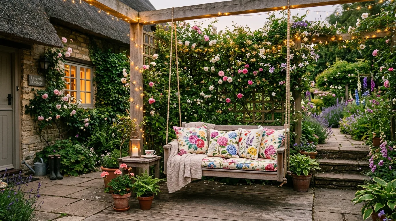 Cozy cottage patio with swing bench, floral cushions, and trellis backdrop.
