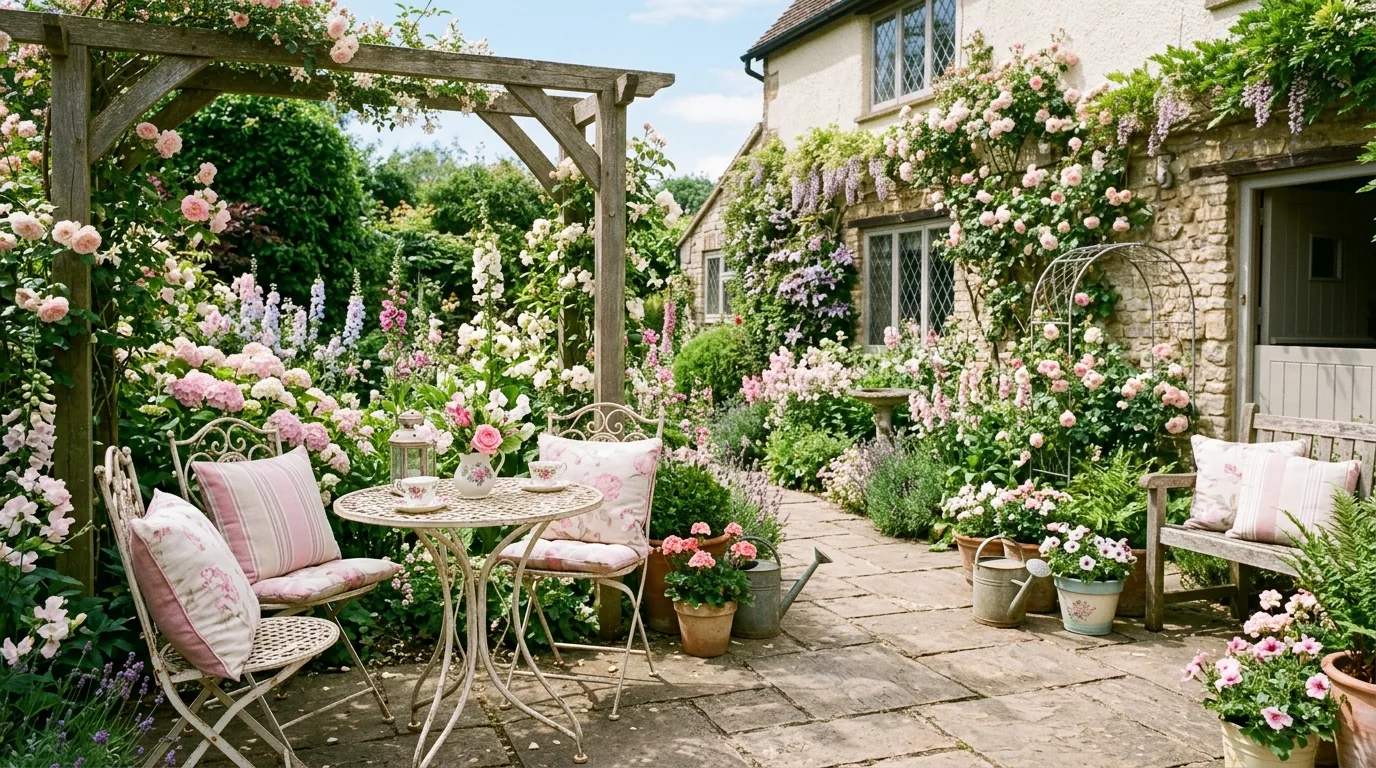 Pastel cottage patio with pink and white flowers and elegant seating.