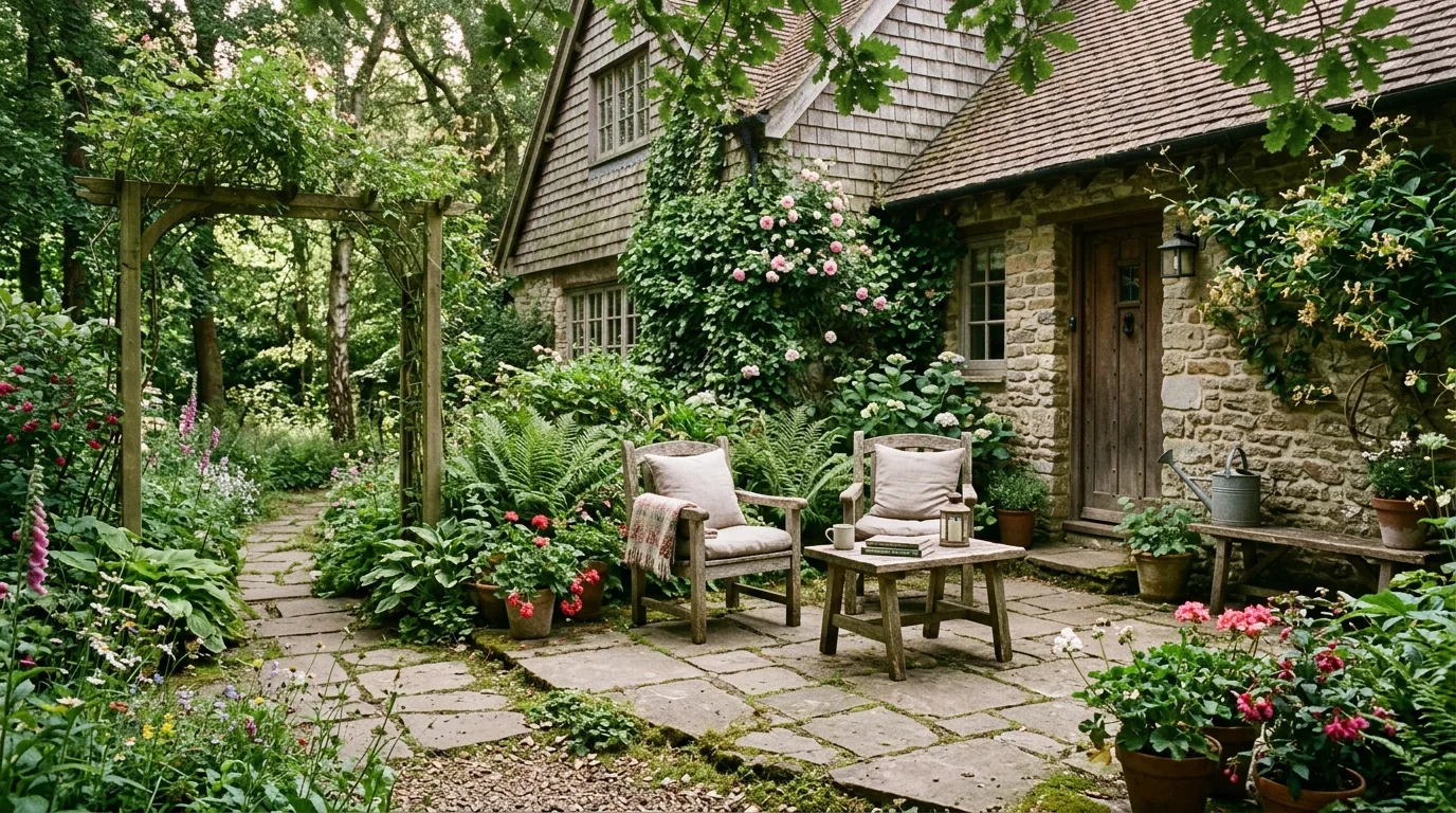 Woodland cottage-style patio with stone, wood, and natural flowers.