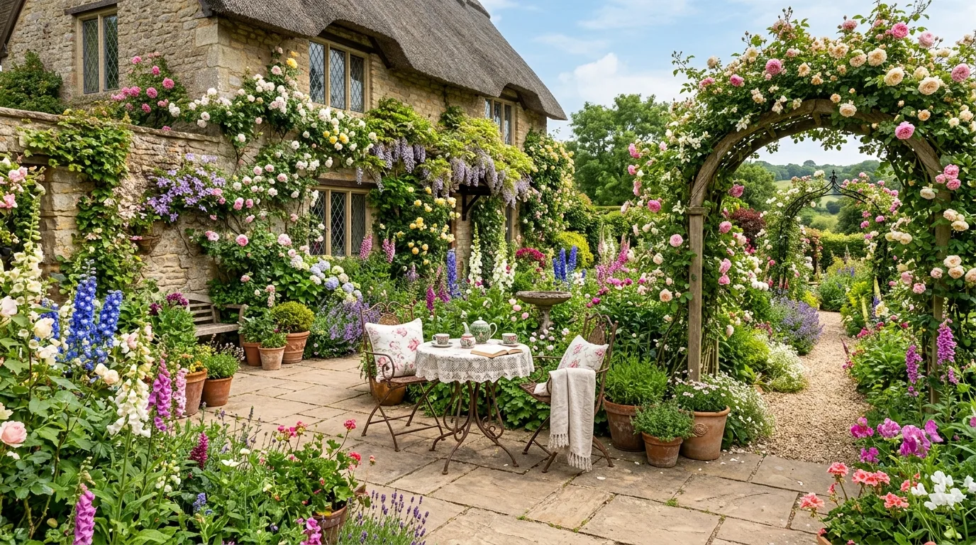 Fully styled cottage garden patio with romantic seating and floral arches.