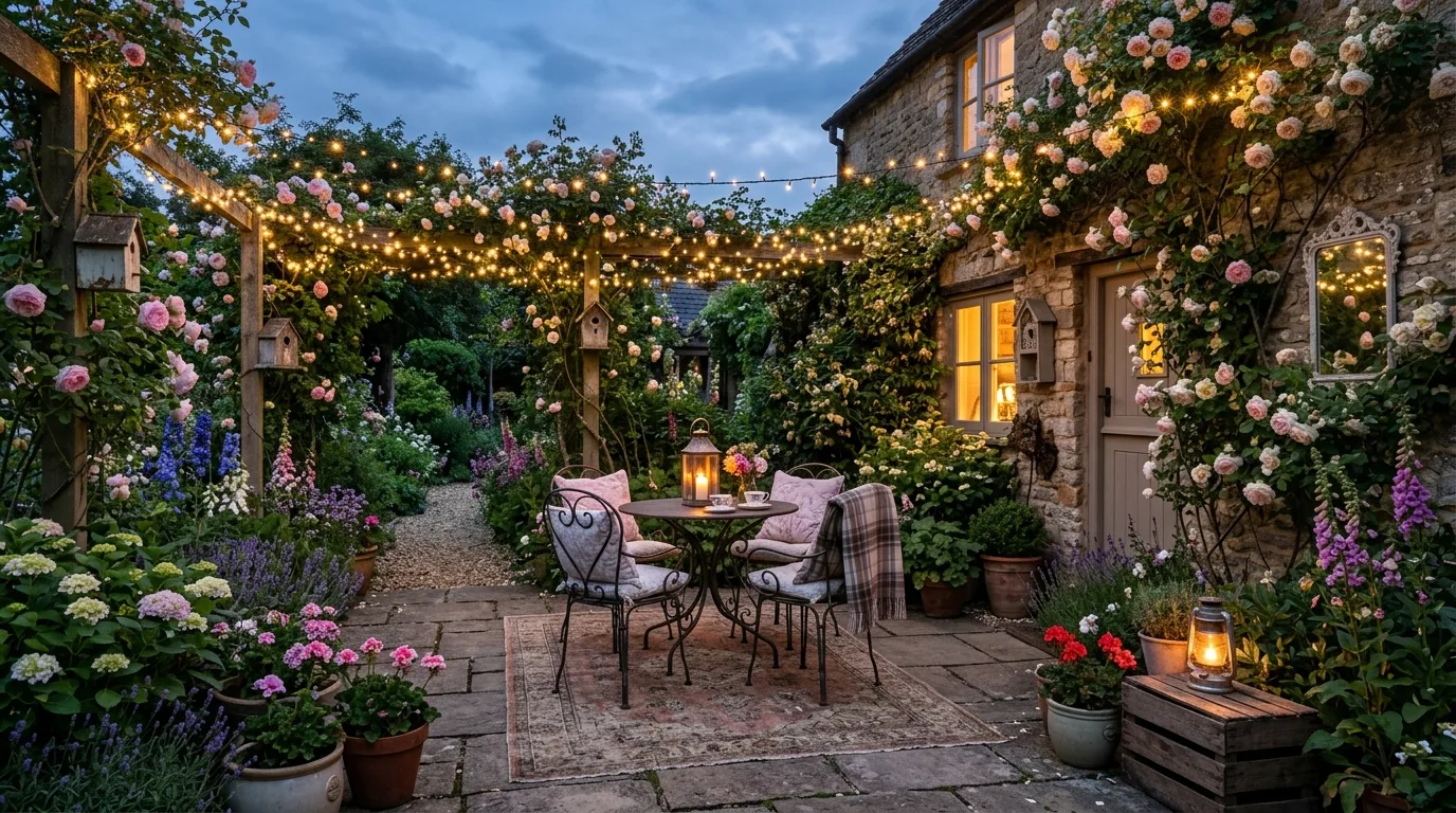 Dreamy cottage garden patio with fairy lights, climbing roses, and vintage decor.