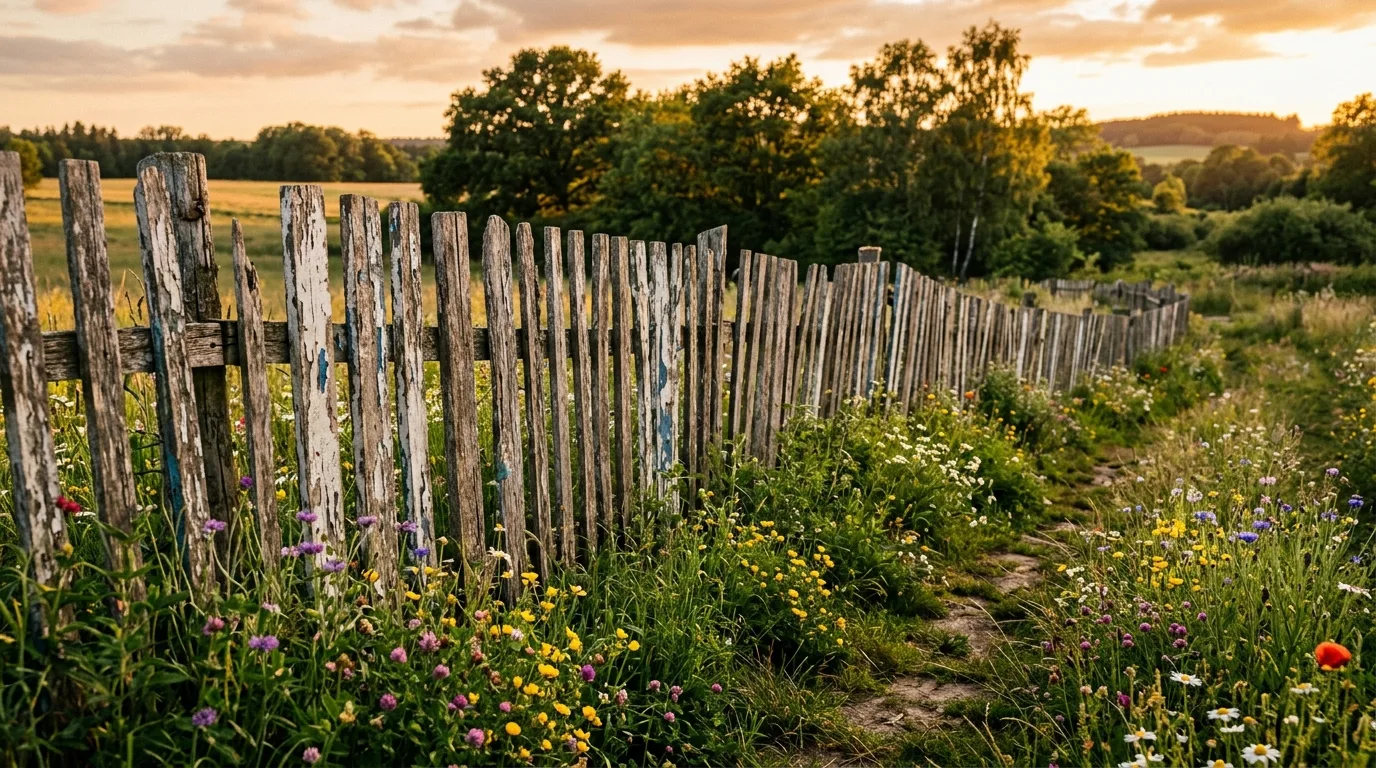 Weathered wooden fence with peeling paint surrounded by wildflowers and greenery.