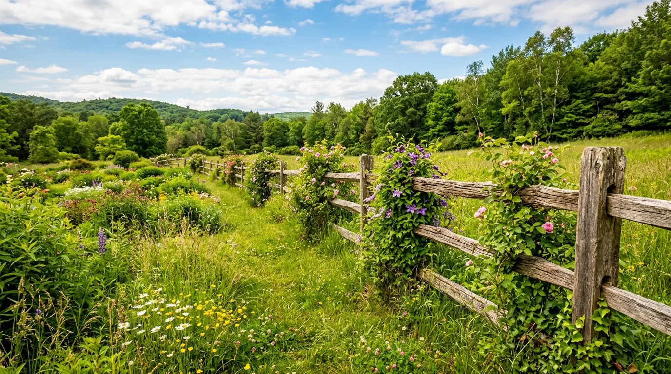 Split rail fence running through a grassy garden with climbing vines.