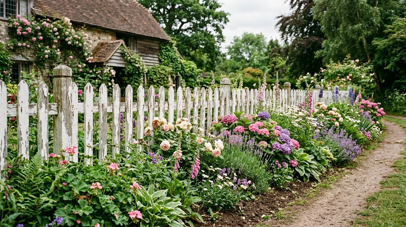 Rustic white picket fence with a chipped finish lined with blooming flowers.