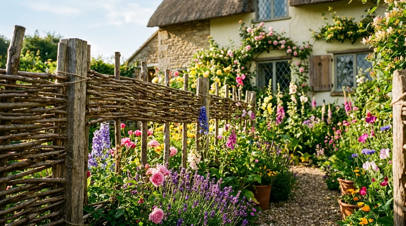 Woven willow fence enclosing a cottage garden filled with blooms.