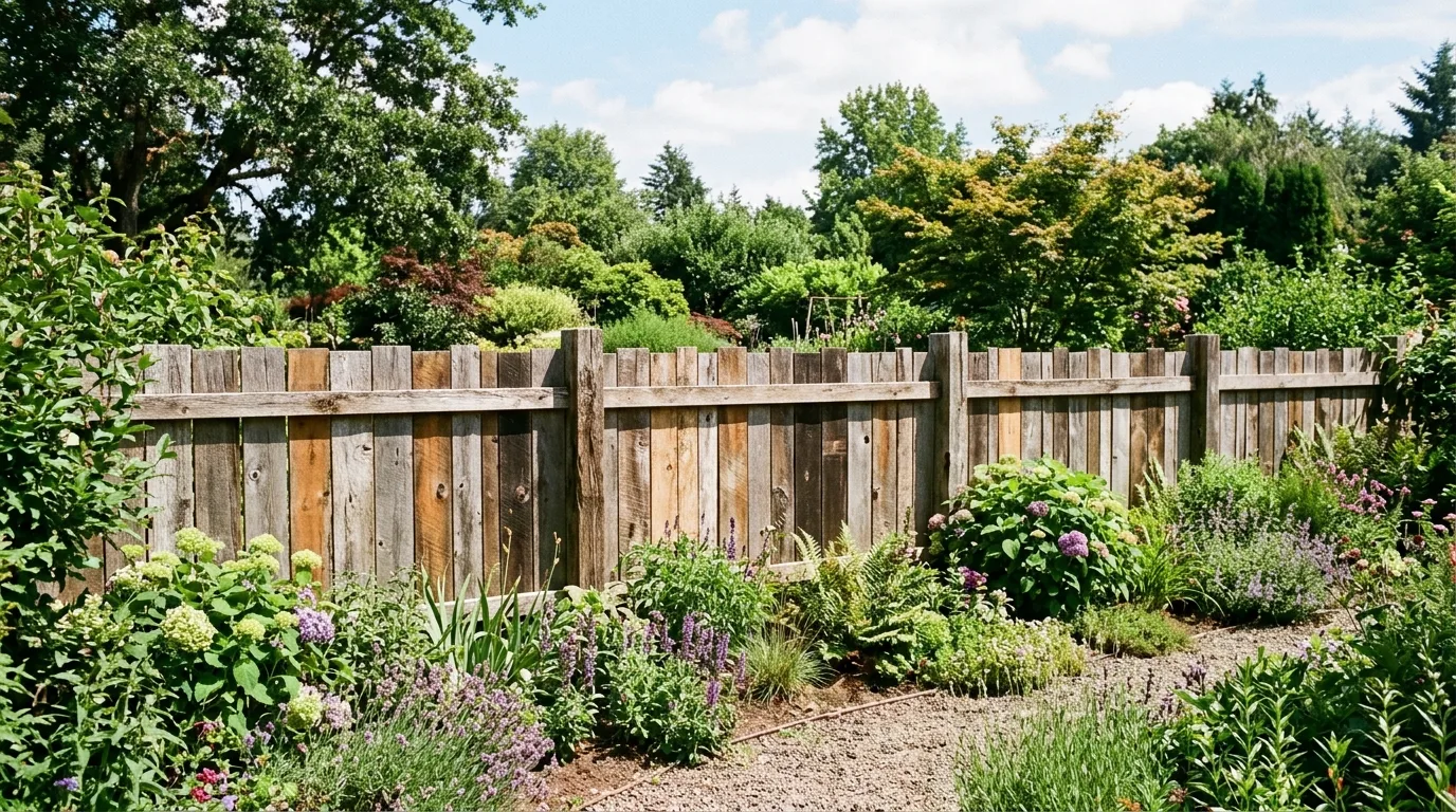 Reclaimed wood fence built from mixed boards with varied tones and rustic charm.