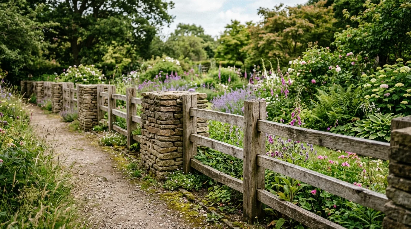 Low stone and wood fence with stacked rocks and wooden posts.