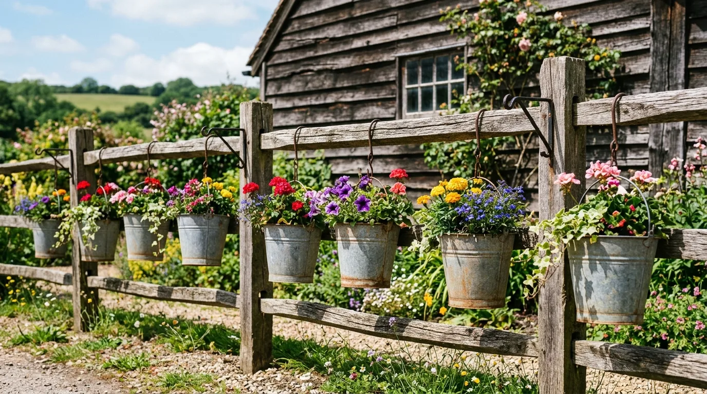 Rustic fence with hanging metal buckets used as planters filled with flowers.
