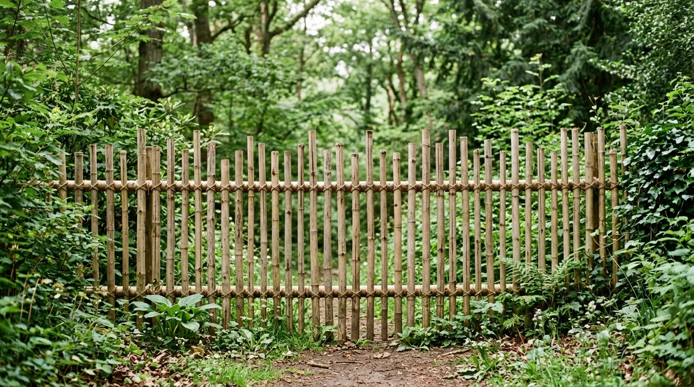 Bamboo-style rustic fence with vertical poles surrounded by greenery.