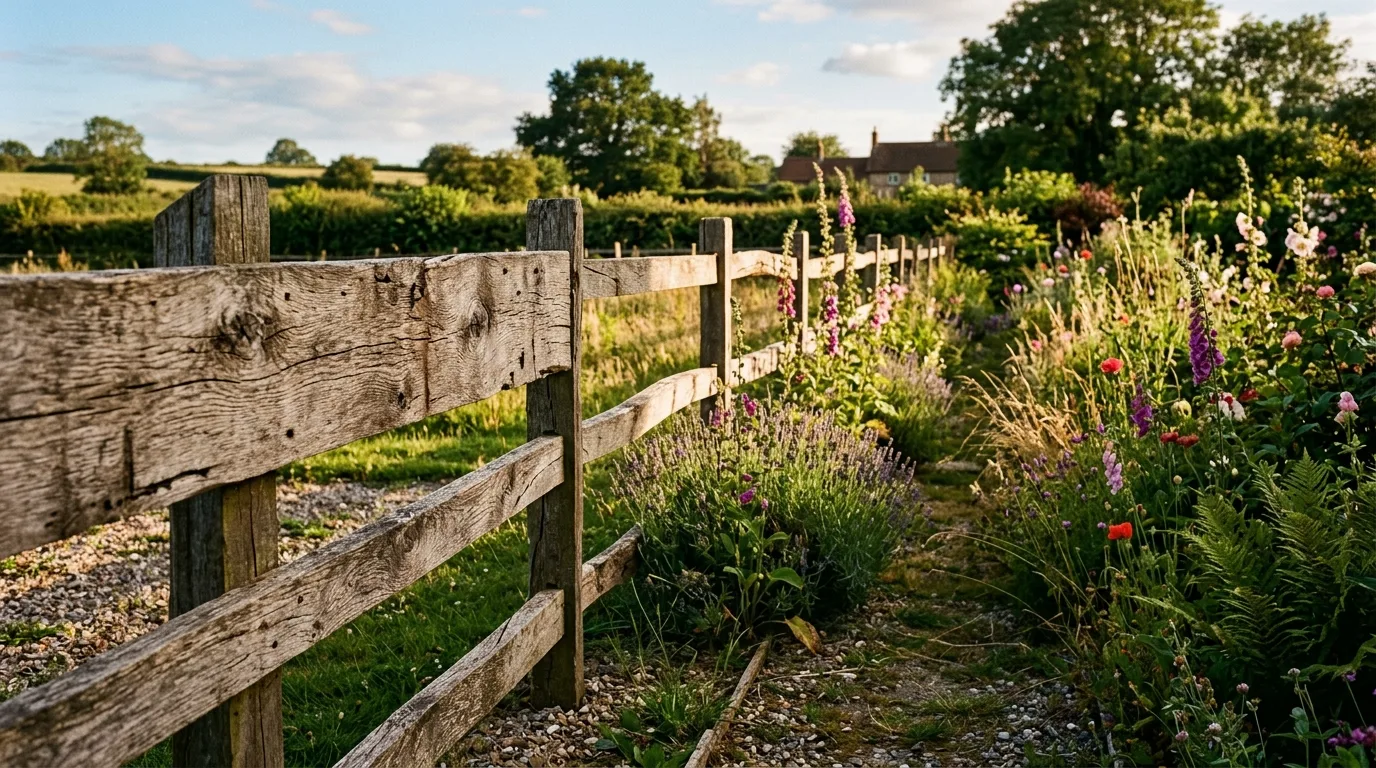 Countryside fence made from old barn wood set against a garden with wild plants.