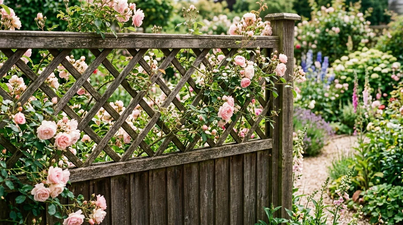 Decorative rustic fence with a lattice top and climbing roses.