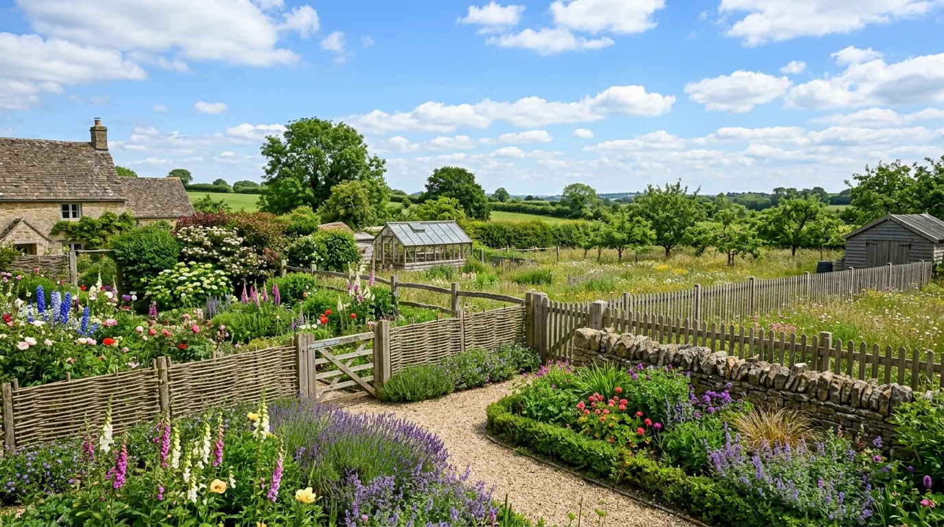 Country garden featuring multiple rustic fence styles with lush greenery and flowers.
