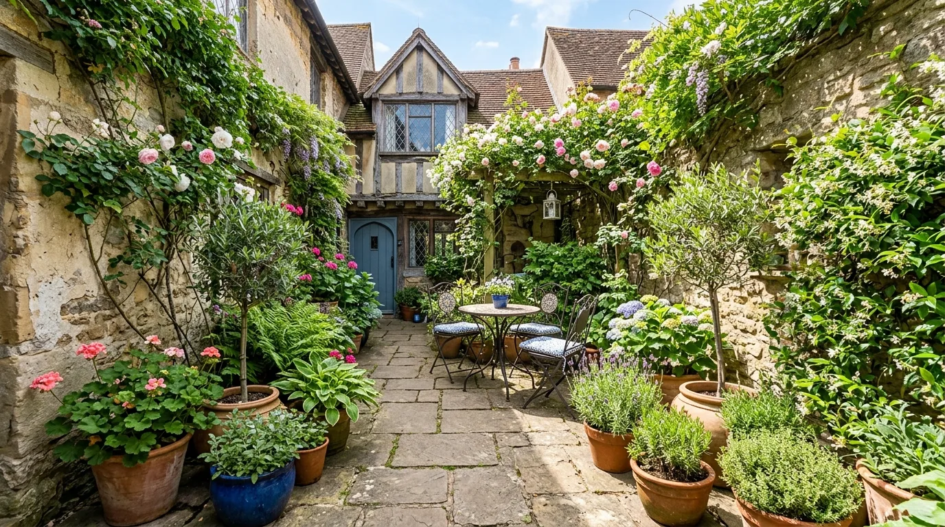 Small courtyard garden with stone paving, potted plants, and compact seating.