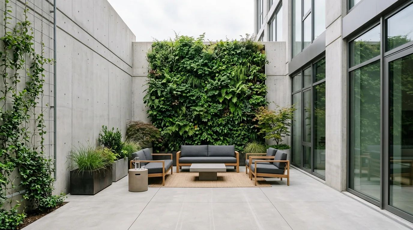 Modern courtyard with minimalist furniture and a vertical green wall.