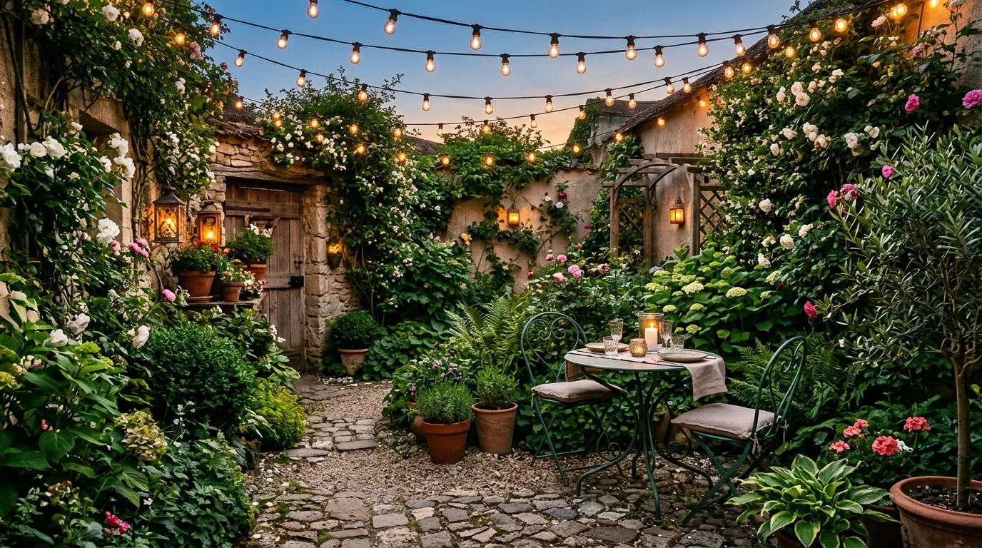 Cozy courtyard with string lights overhead and a small bistro table.