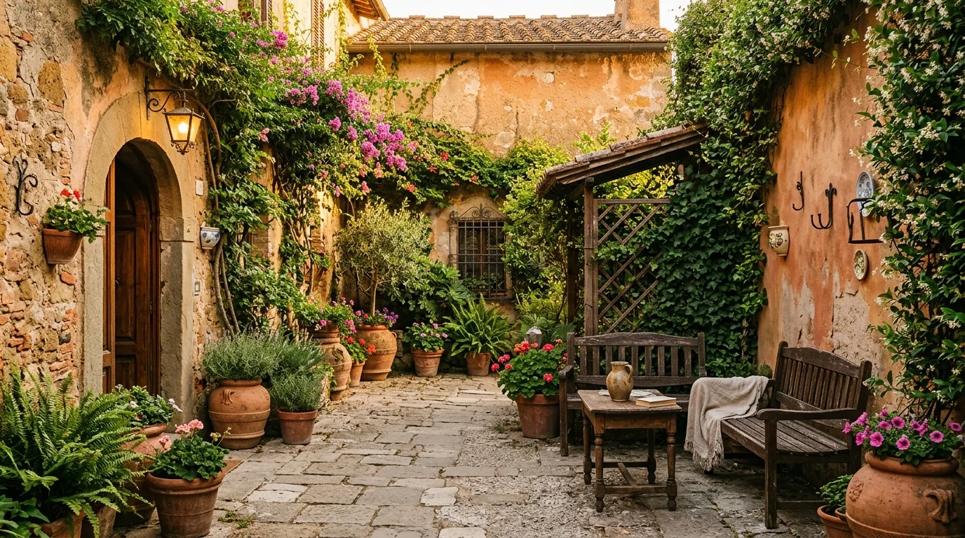 Rustic courtyard with terracotta pots, vines, and wooden bench seating.