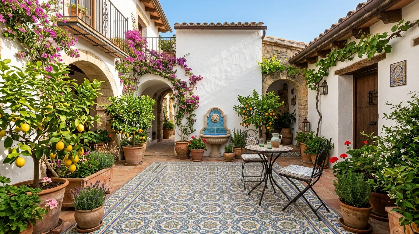 Mediterranean-style courtyard with patterned tiles, citrus trees, and whitewashed walls.