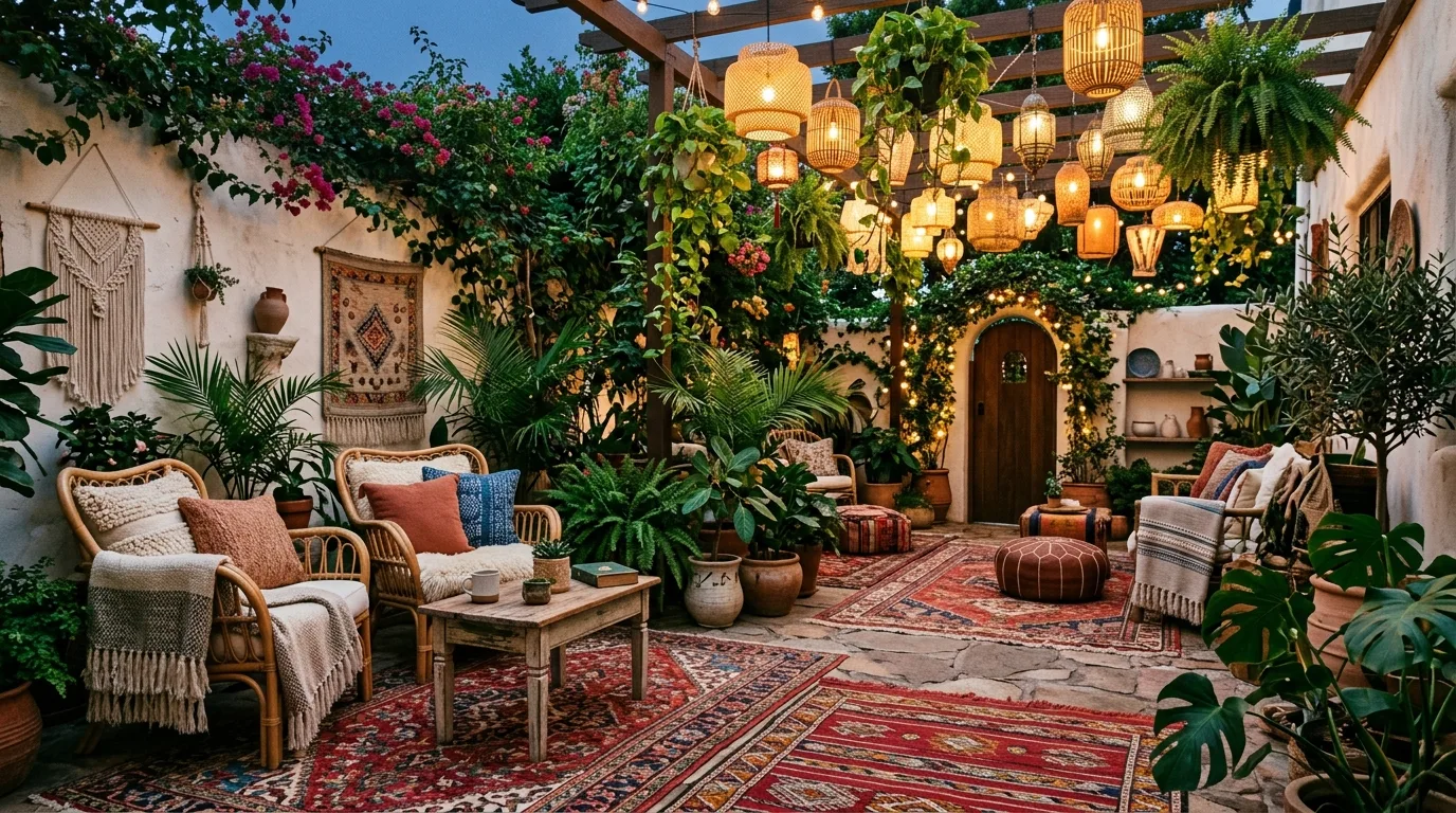 Boho courtyard with rugs, woven chairs, lanterns, and dense greenery.
