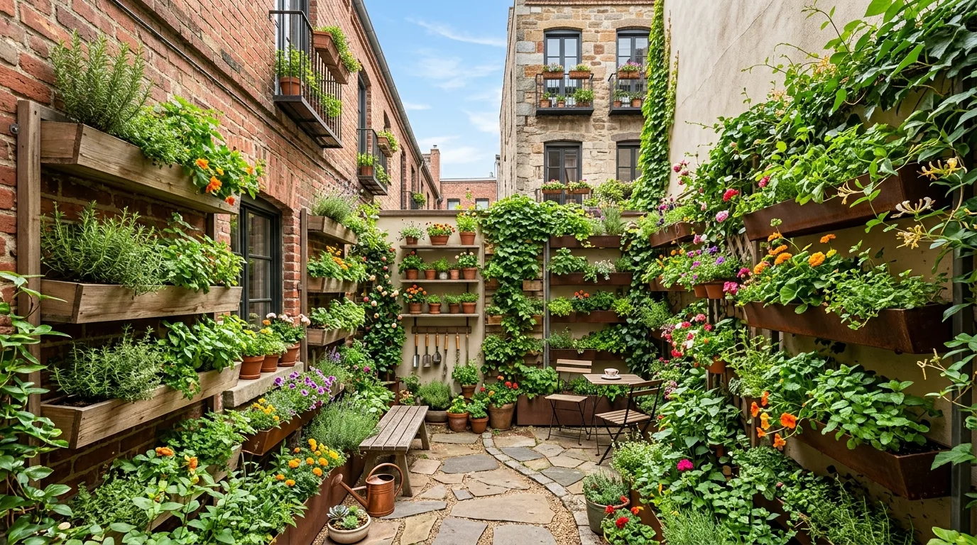 Compact courtyard with vertical planter boxes full of herbs and flowers.