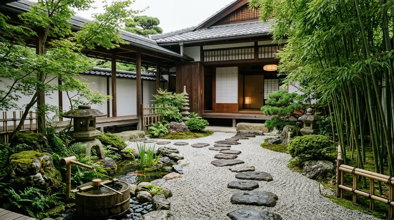 Japanese-inspired courtyard with gravel, bamboo accents, and stone lanterns.