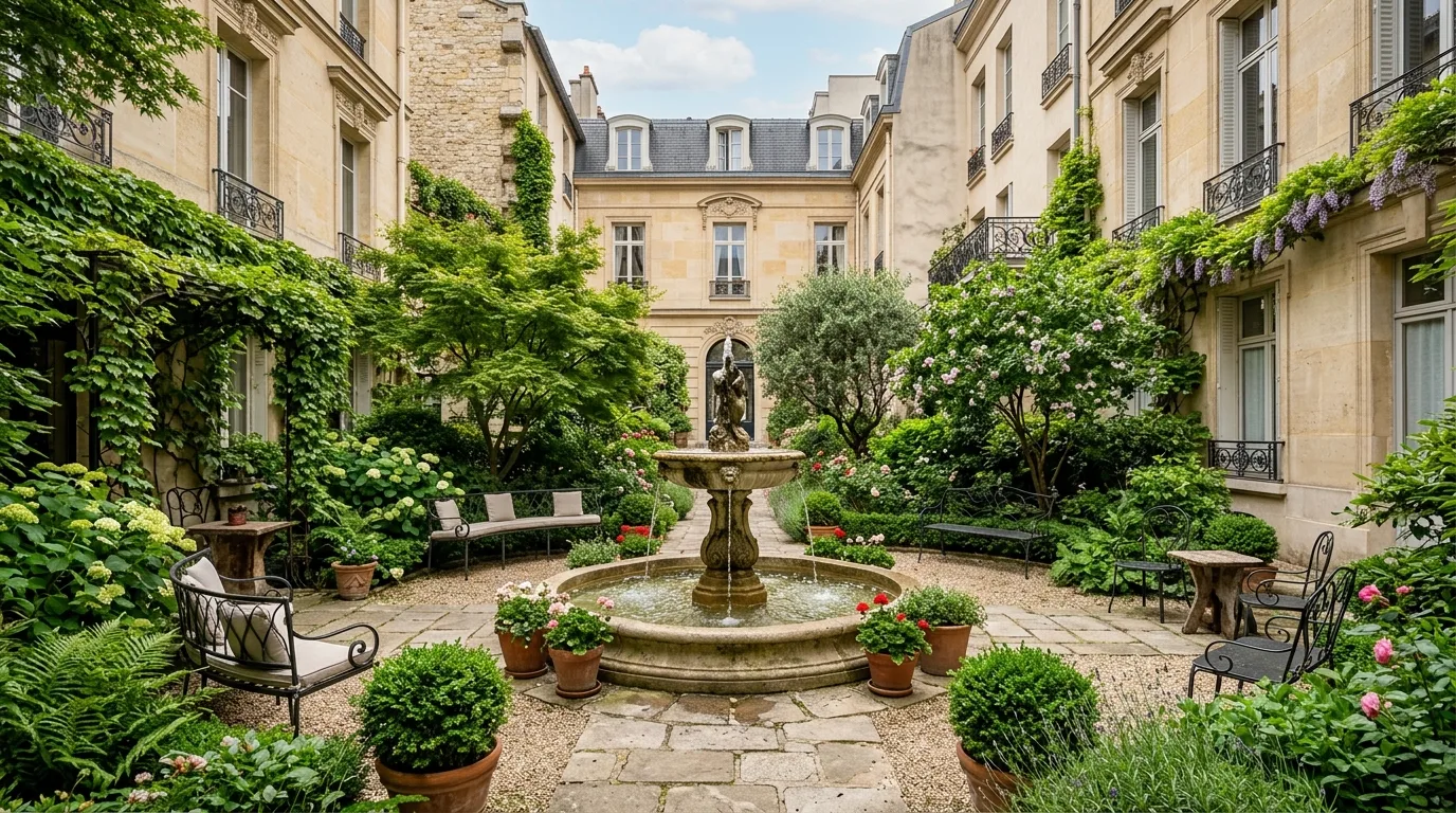 Courtyard garden with central fountain, greenery, and seating.