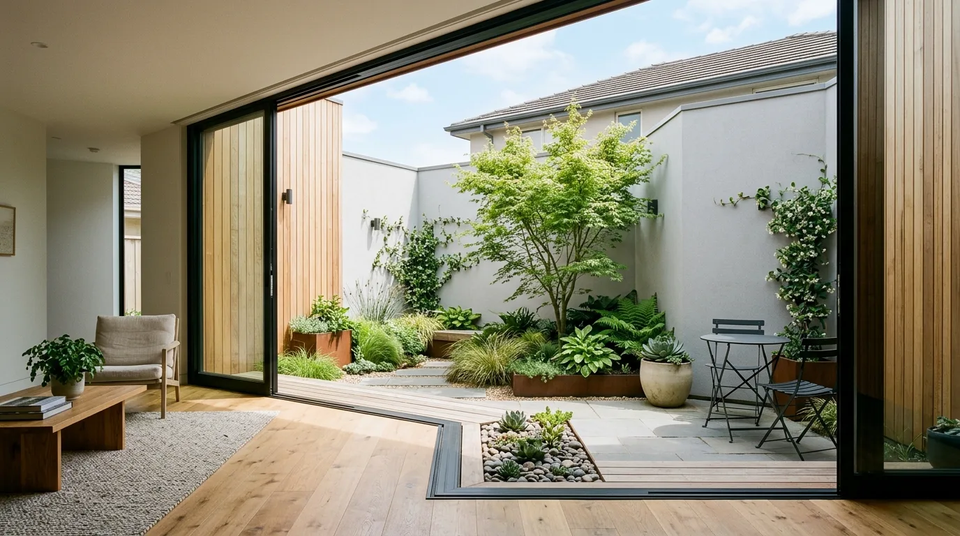 Small enclosed courtyard with glass doors and modern planting.