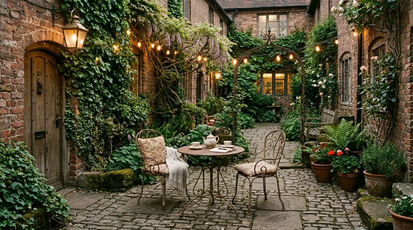 Vintage courtyard with brick walls, ivy, and antique-style seating.